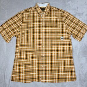 VINTAGE Timberland Shirt Mens L Brown Plaid Short Sleeve Button Front Casual